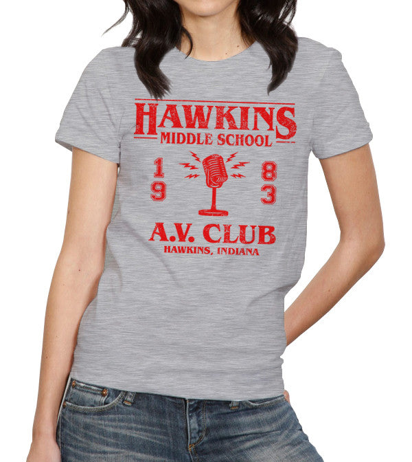 Hawkins Middle School A.V. Club T-Shirt - FiveFingerTees Ladies / Large / Heather Gray