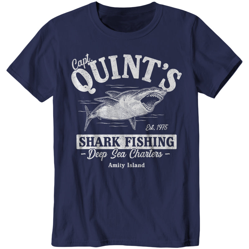 Quint's Shark Fishing T-Shirt - FiveFingerTees Guys / Large / Navy Blue